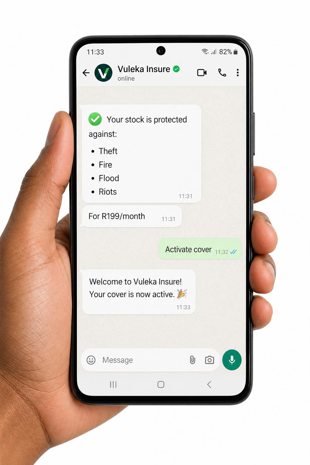 Spaza shop owner viewing Vuleka Insure stock cover chat on WhatsApp